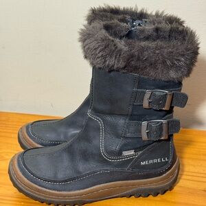 Merrell Decora Chant Black Waterproof Leather Winter Boots Side Zip Womans sz 5